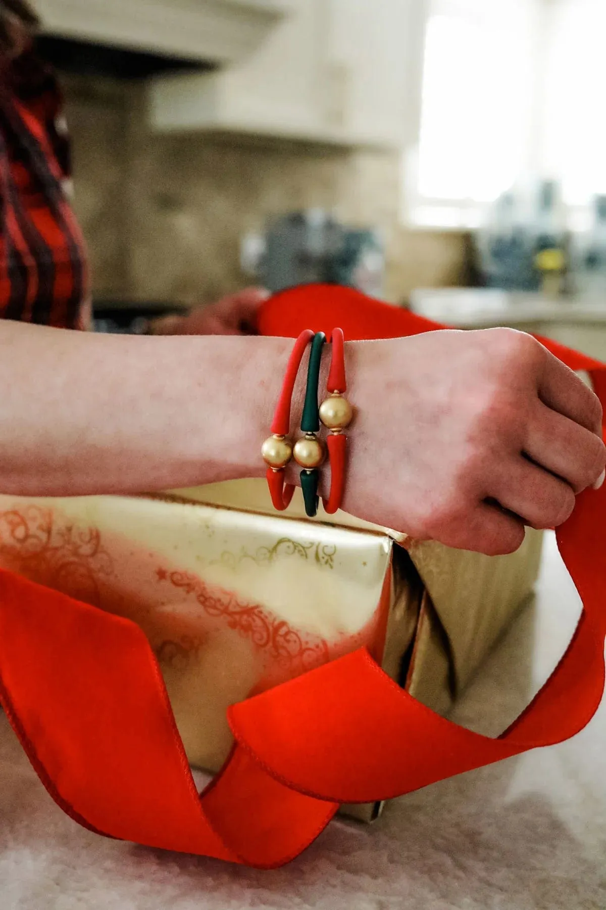 Bali 24K Gold Plated Bali Bead Silicone Bracelet - Red