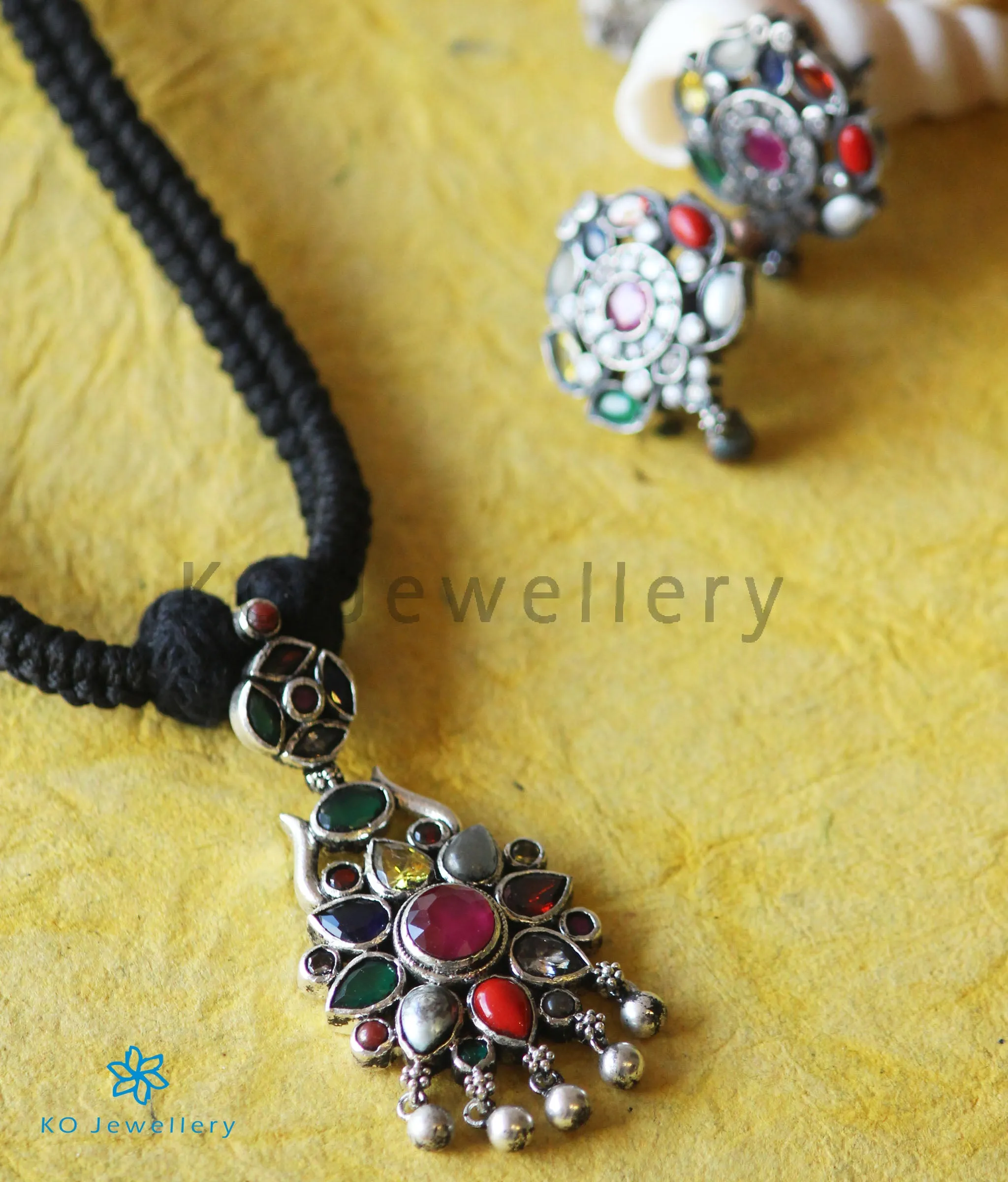 The Raaga Silver Navratna Thread Necklace (Oxidised)